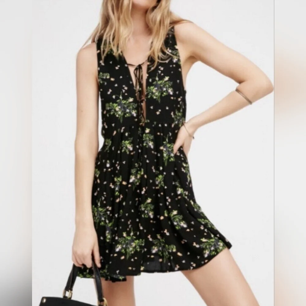 Free People black pink green floral tunic minidress size small
